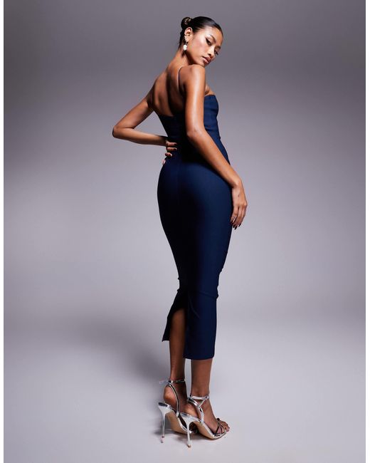 Vesper Blue Bengaline Halterneck Keyhole Detail Midaxi Dress