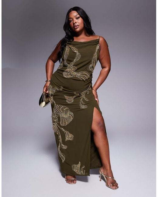 ASOS Brown Asos Design Curve Draped Skirt Overlay Maxi Dress With Dropped Waist And Embellishment