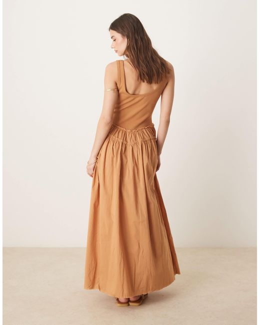 ASOS Natural Scoop Button Ribbed Bodice With Poplin Skirt Maxi Dress