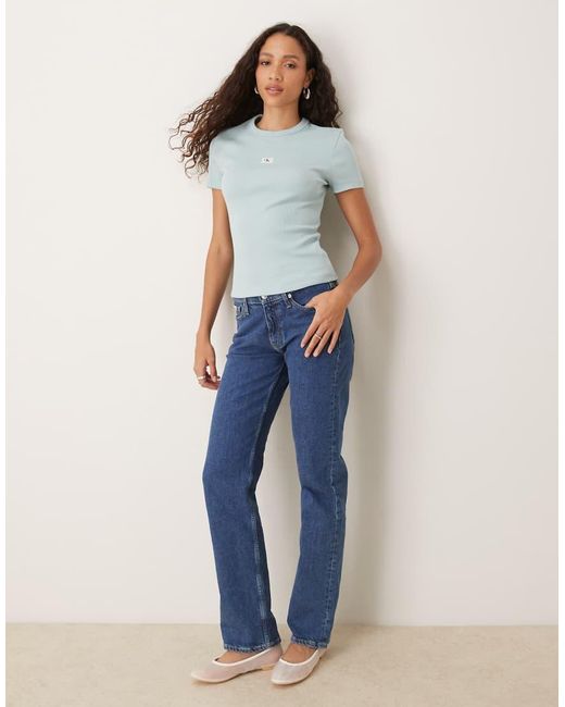 Calvin Klein Aansluitend Geribbeld T-Shirt Met Geweven Label in het Blue