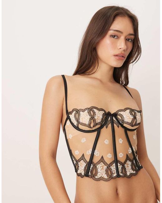 For Love & Lemons Natural Strappy Rhinestone Detail Bustier Co-ord