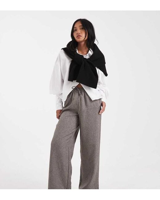 Only Petite Gray Wide Leg Pinstripes Trousers