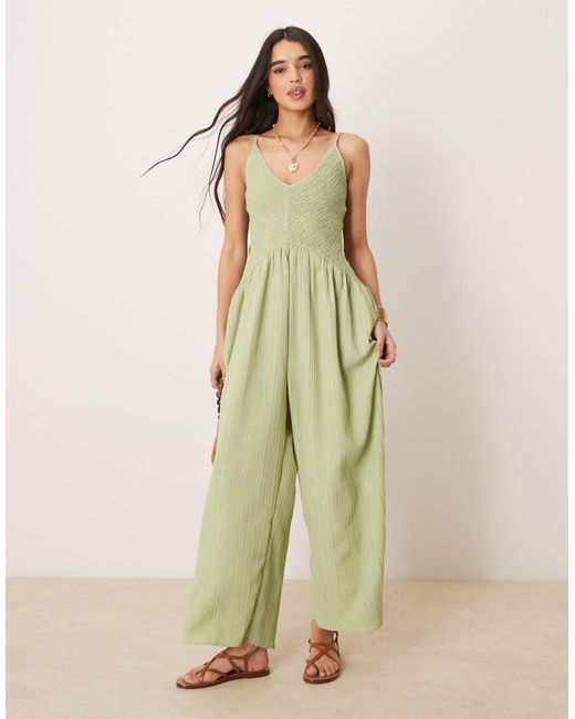 ASOS Green V Neck Poly Crinkle Dropped Waist Jumpsuit