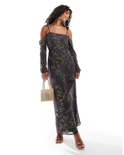 ASOS Bardot Long Sleeve Embellished Maxi Dress in Black | Lyst Canada