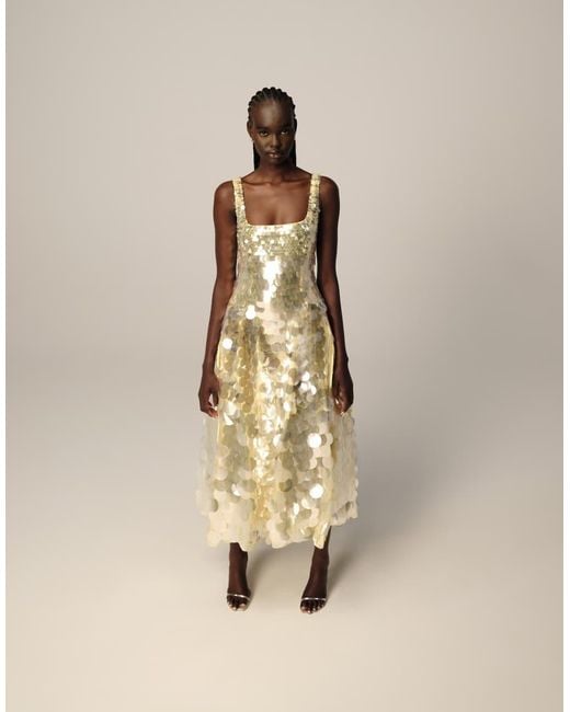 ARRANGE Natural Embellished Disc Sequin Square Neck Full Skirt Midi Dress