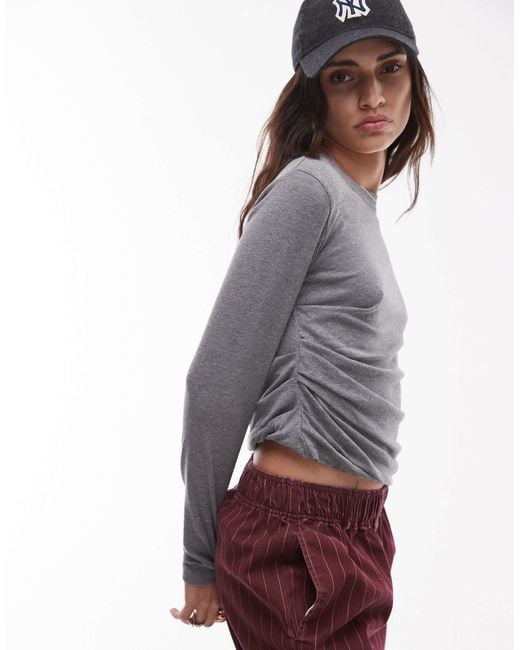TOPSHOP Gray Hitched Side Long Sleeve Top