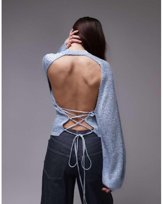 Mango Blue Tie Up Open Back Jumper