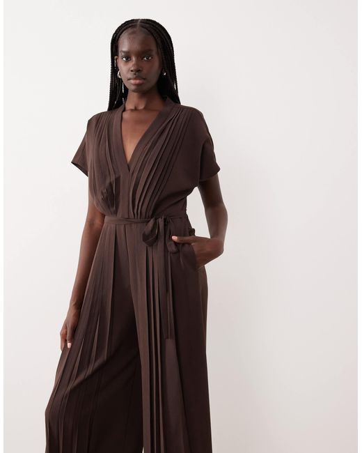 Mango Brown Pleat Detail Short Sleeve Jumpsuit