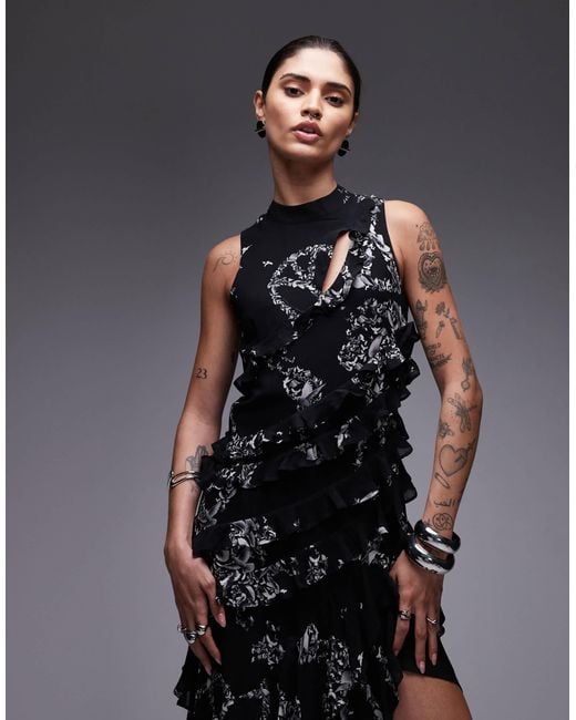 Robe imprimée à volants en cady AllSaints en coloris Black