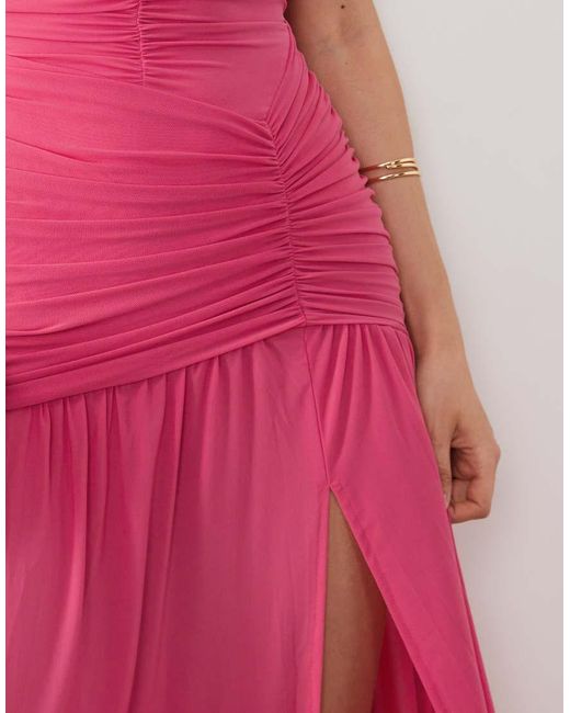 Ruched & Ready Pink Sculpting Ruched Body Draped Hem Open Slit Maxi Dress
