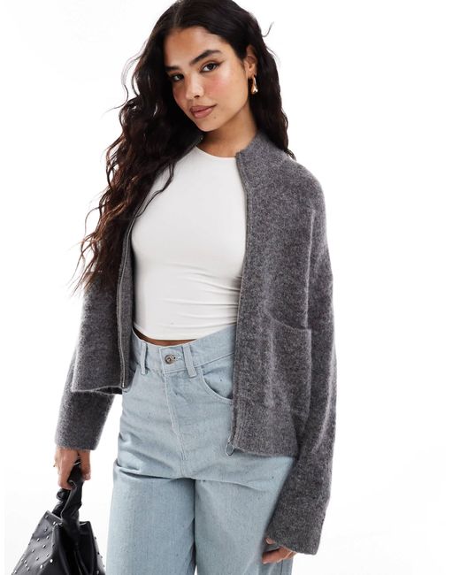 SELECTED Gray Femme Zip Thru Alpaca Blend Fluffy Cardigan With Pockets