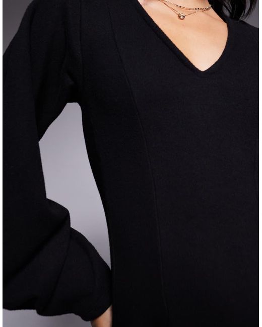 ASOS Black Supersoft V Neck Fit And Flare With Seam Detail Mini Dress