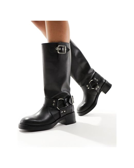 Steve Madden Black Beau Leather Biker Boots With Chain Harness