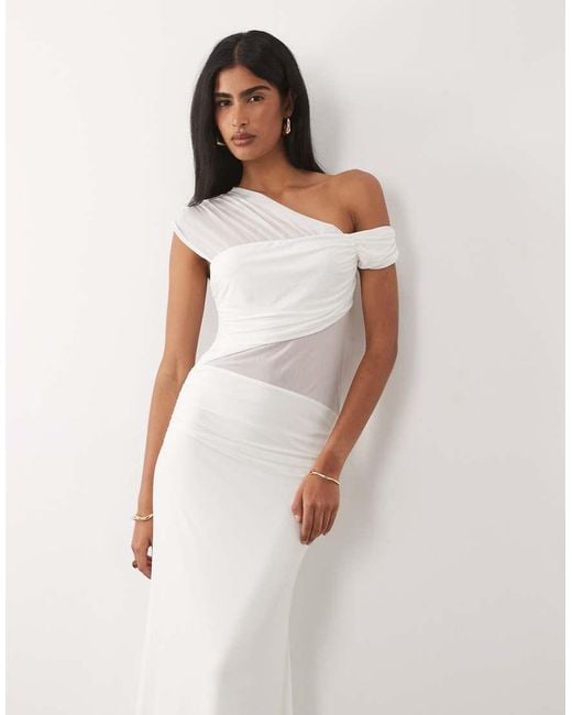 ASOS Natural Fallen Shoulder Mesh Sheer Panelled Maxi Dress