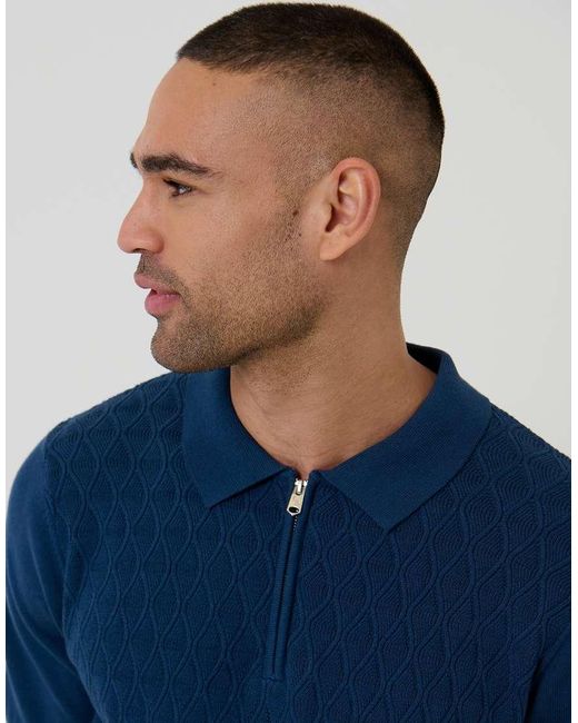 Threadbare Blue Diamond Cable Knit Quarter Zip Polo for men
