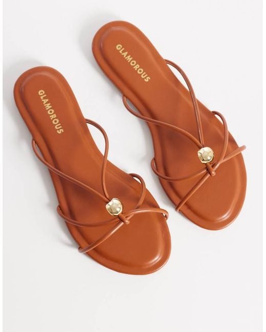 Glamorous Brown Flat Sandals With Gold-tone Detailing