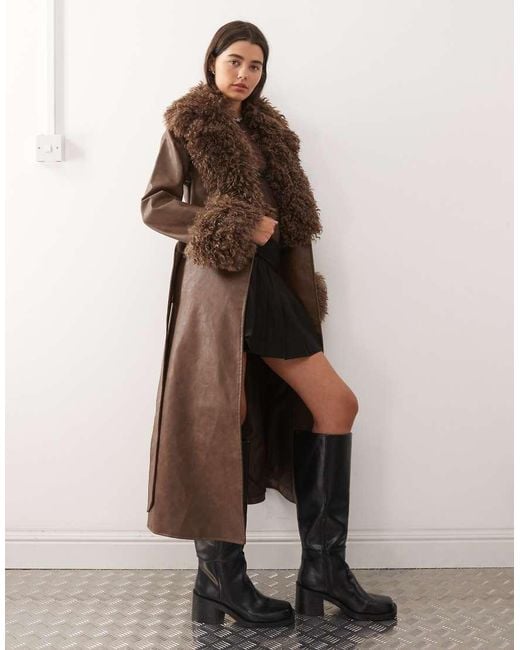 Reclaimed Vintage Natural Leather Look Trench Coat With Faux Fur Collar And Cuffs