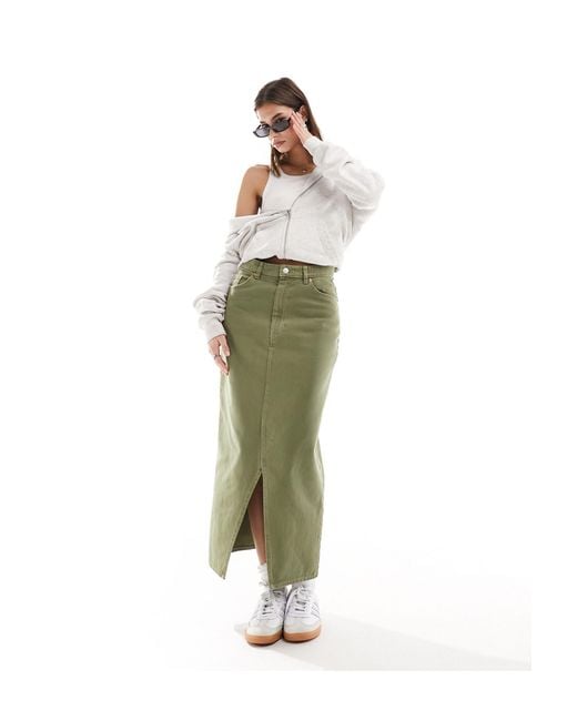 Monki Green Denim Midi Skirt With Split
