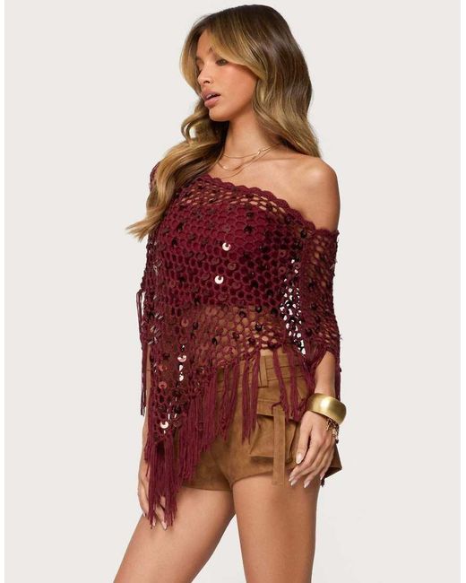 Edikted Red Fringe Sequin Crochet Poncho