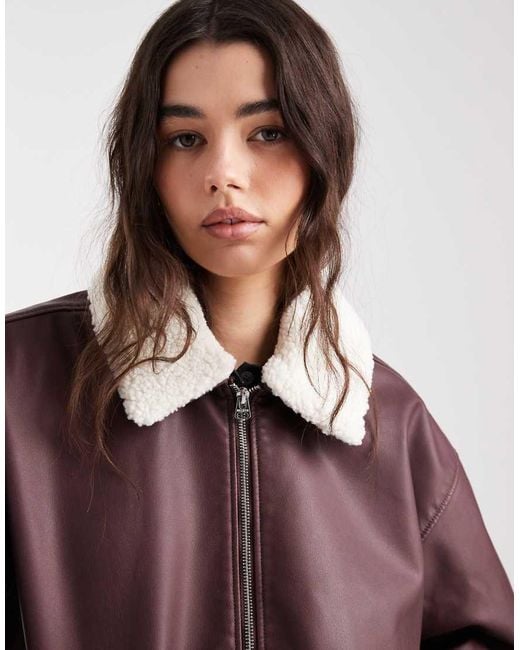 Hollister Red Removable Collar Faux Vegan Leather Bomber Jacket
