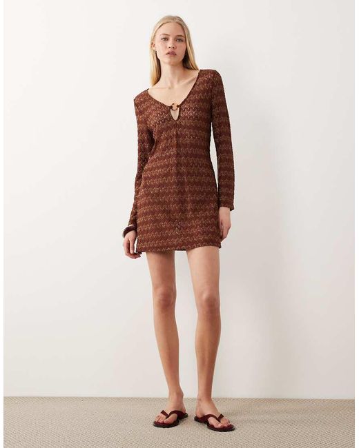 Accessorize Brown Crochet Long Sleeve Beach Cover Up
