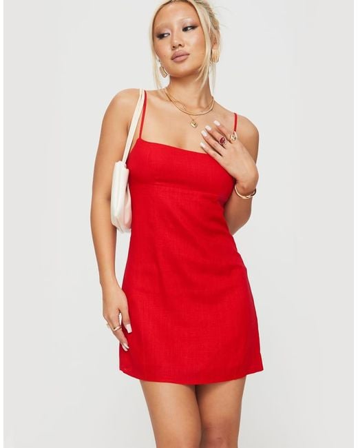 Princess Polly Red Wurli Linen Blend Cami Square Neck Open Strappy Back Mini Dress