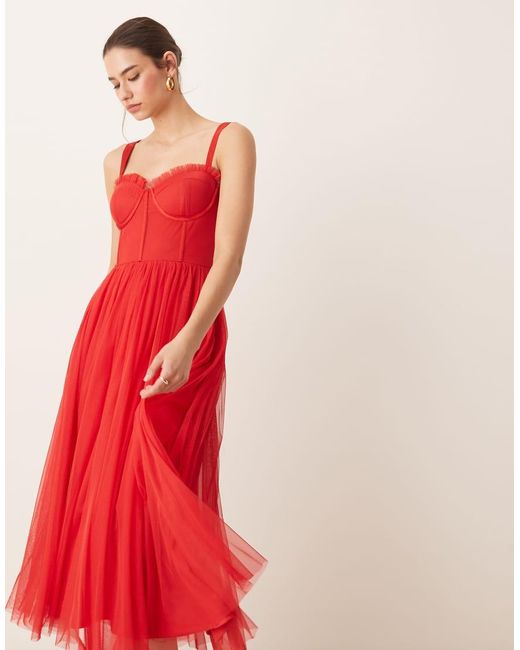 LACE & BEADS Midi-Korsetjurk Van Tule in het Red