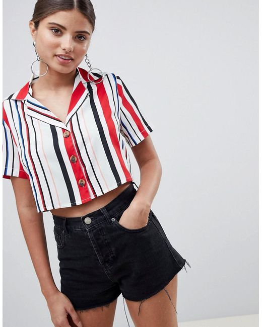 PrettyLittleThing Striped Button Down Crop Shirt in Red | Lyst Canada
