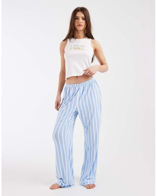 Loungeable Blue Lemon Print Rib Singlet And Jersey Pants Pyjama Set