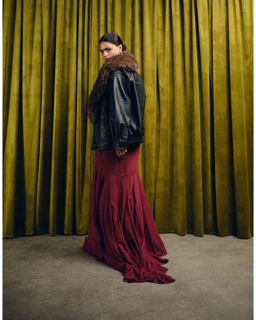 ASOS Black Leather Look Shawl Collar Faux Fur Collar Bomber Jacket