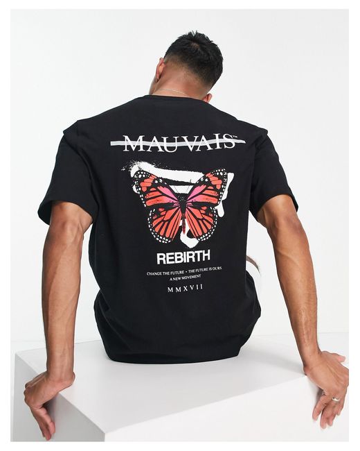 Mauvais Black Relaxed Fit Butterfly Back Print T-shirt for men