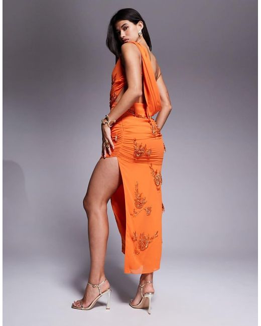 ASOS Gedrapeerde Maxi Jurk Met Bloemversiering En Uitsnijding in het Orange