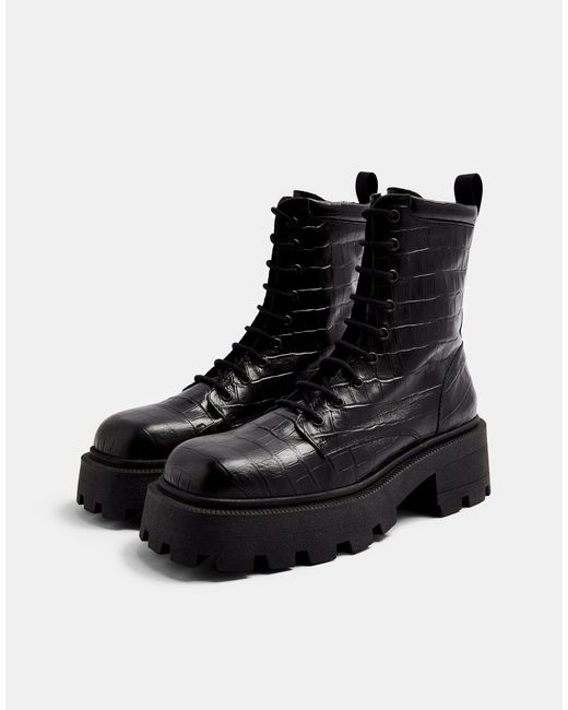 Leather Chunky Lace Up Crocodile Boots 