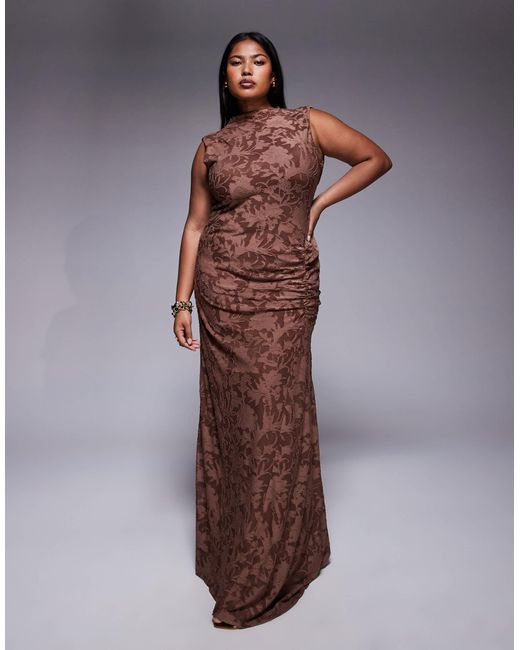 ASOS Brown Asos Design Curve Sleeveless High Neck Devore Maxi Dress With Ruched Skirt Detail