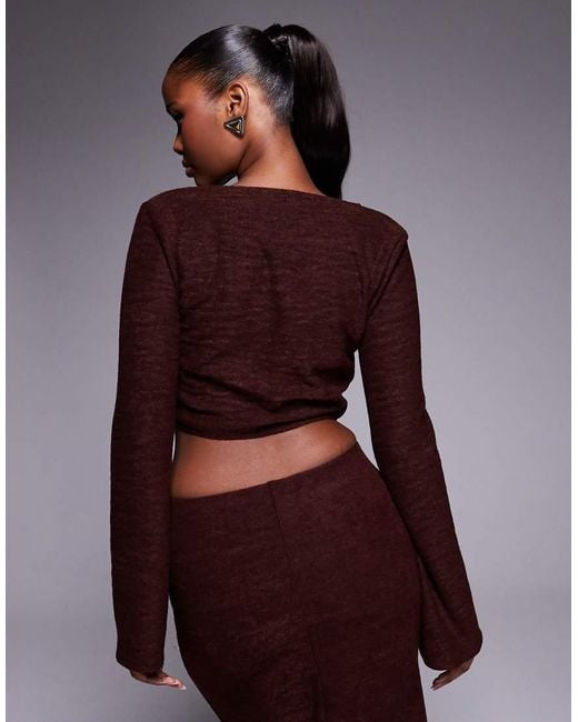 ASOS Brown Co-ord Brushed Rib V Front Crop Top With Flare Sleeve