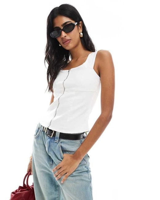 ASOS White Asos Desgin Denim Zip Through Square Neck Top