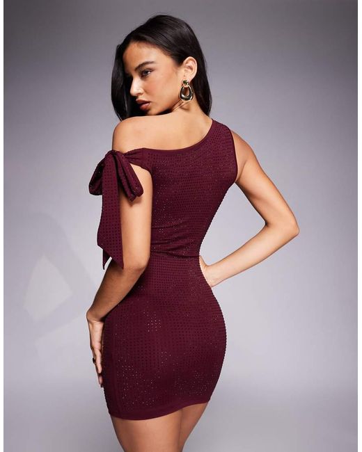 The Frolic Purple Exclusive Hot Fix Off Shoulder Tie Detail Bodycon Mini Dress