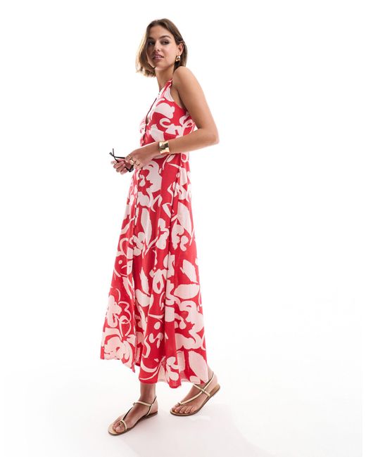 ASOS Red Button Down Linen Midi Dress With Full Skirt Abstract Print