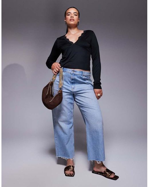 Top Ceñido De Manga Larga Con Cuello De Pico Pronunciado Y Detalle De Encaje De Asos Design Curve ASOS de color Black