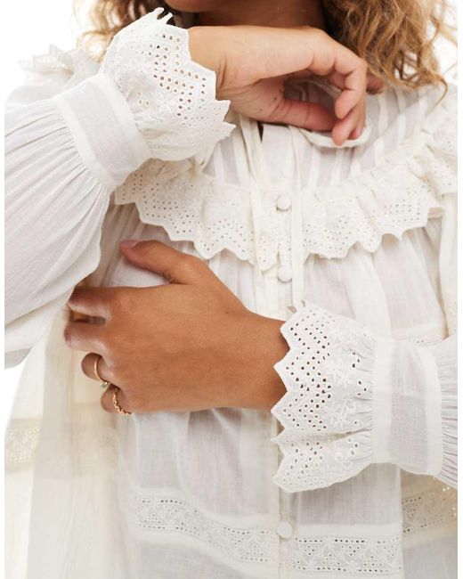 ASOS Overhemd Met Broderie, Ruches En Kanten Inzetstukken in het White