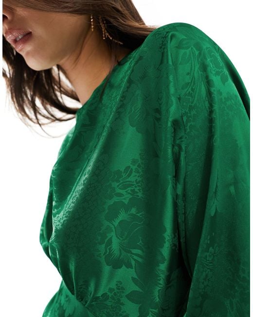 Flounce London Green Satin Maxi Dress With Kimono Sleeve