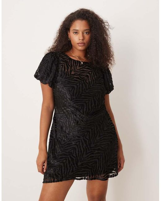 ASOS Black Asos Design Curve Velvet Animal Burnout Puff Sleeve Mini Dress