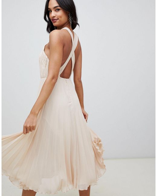 pleated halter midi dress
