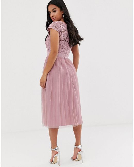 Little Mistress Capped Sleeve Lace Midi Dress With Tulle Skirt in Pink |  Lyst Canada