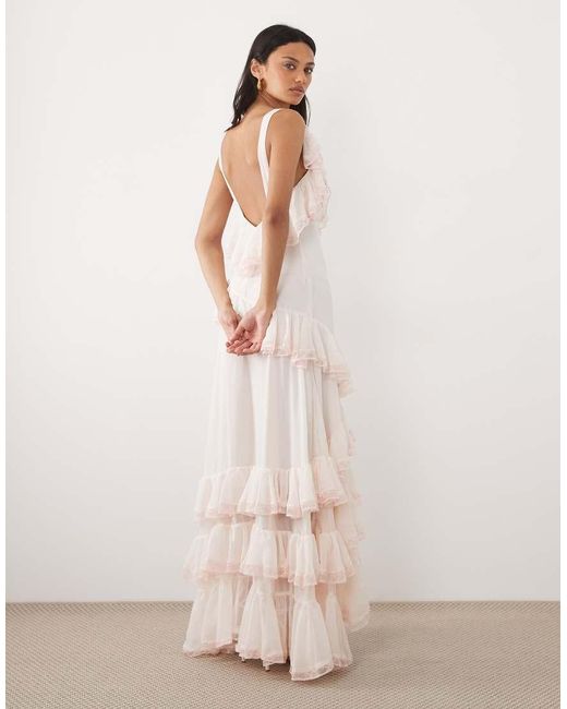 For Love & Lemons Pink Juniper Chiffon V-Neck Ruffle Tiered Maxi Dress