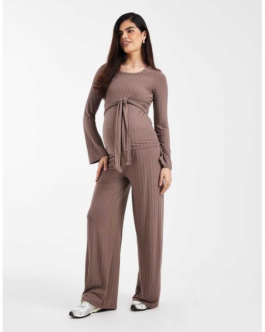 Mama.licious Brown Mamalicious Maternity Tie Detail Long Sleeve Ribbed Top Co-ord