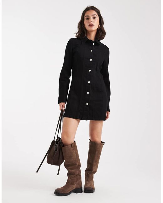 ASOS Black Denim Mini Shirt Dress With Flare Hem
