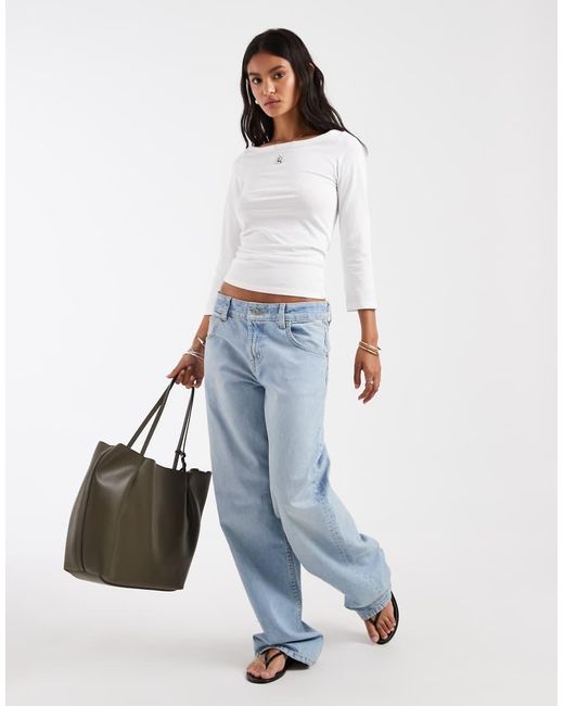 Pieces White Boat Neck 3/4 Sleeve Top
