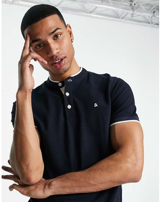 Jack & Jones Blue Essentials Grandad Polo With Tipping for men