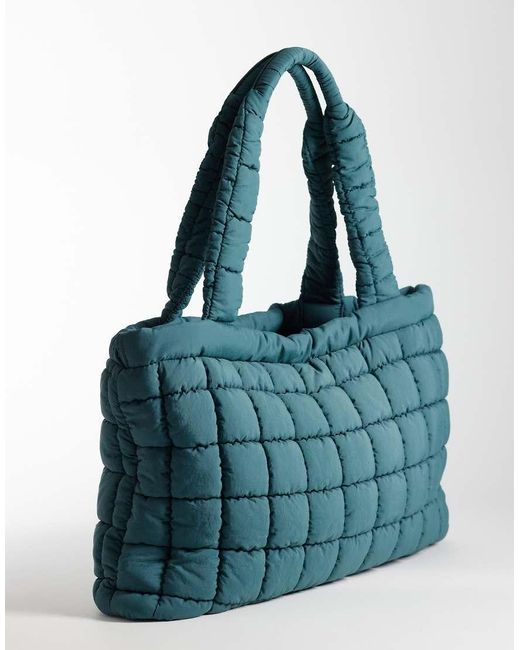 4505 Blue Quilted Woven Drawstring Oversized Gym Tote